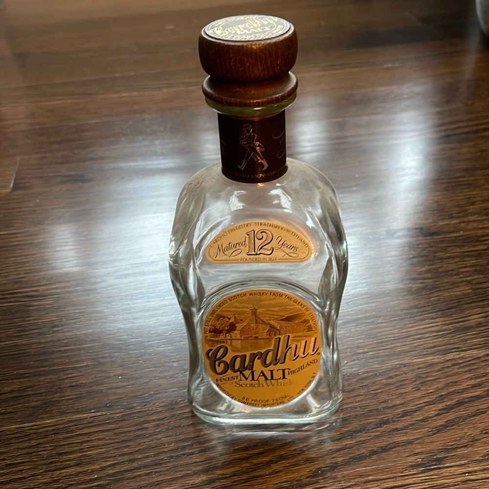 Cardhu Finest Malt Highland Scotch Whisky. Bottle is empty - wood stopper